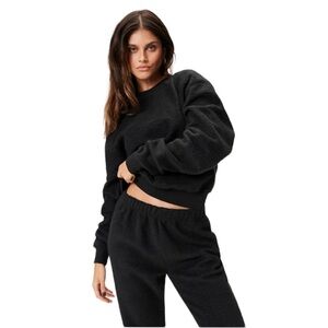 NWT Good American Noir Sherpa Teddy Fleece Boyfriend Sweatshirt Cozy Fuzzy